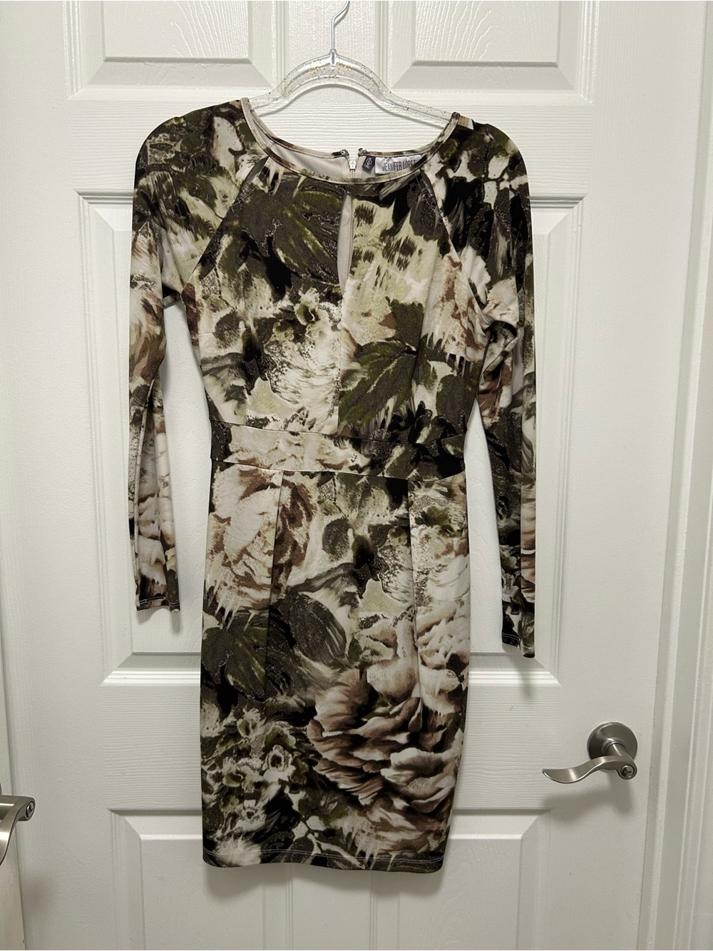 Jennifer Lopez Olive, Cream and Brown Long-Sleeve Sheath Dress